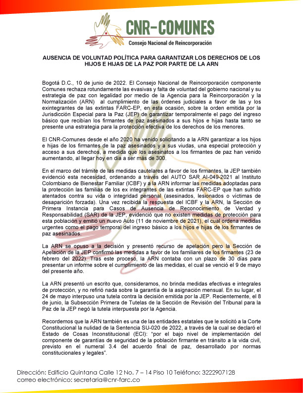 Ausencia de garantía de derechos para los hijos e hijas de la PAZ